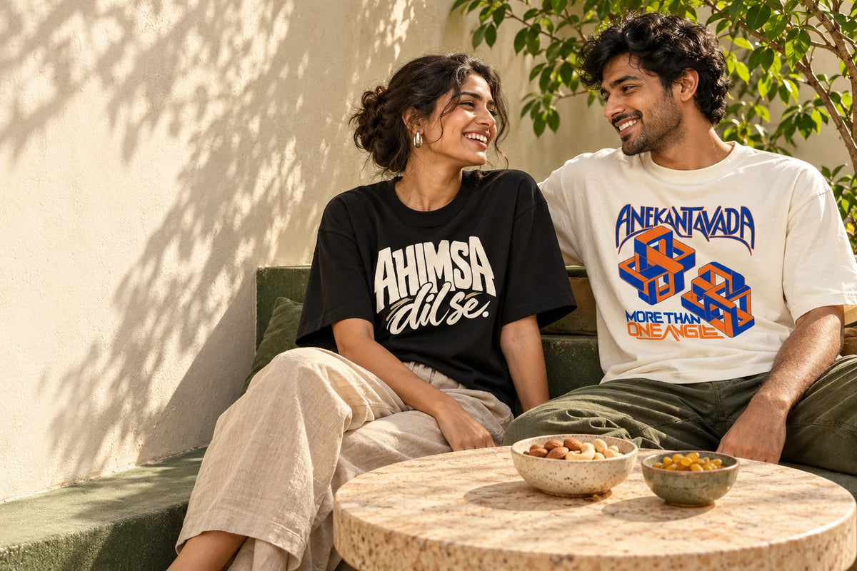 Being Jaini Wear in a sunlit Indian courtyard — Styling illustration