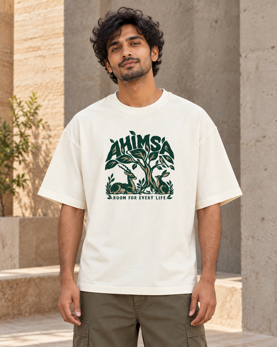 IN-G01 India oversized design on an Indian adult model — styling illustration, not a produced-sample photograph.