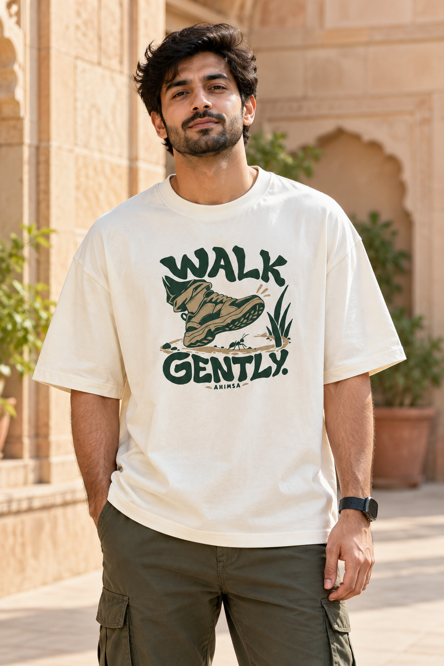 Styling illustration · printed front view · IN-G05 India oversized oversized T-shirt on an Indian adult model; not a produced-sample photograph.