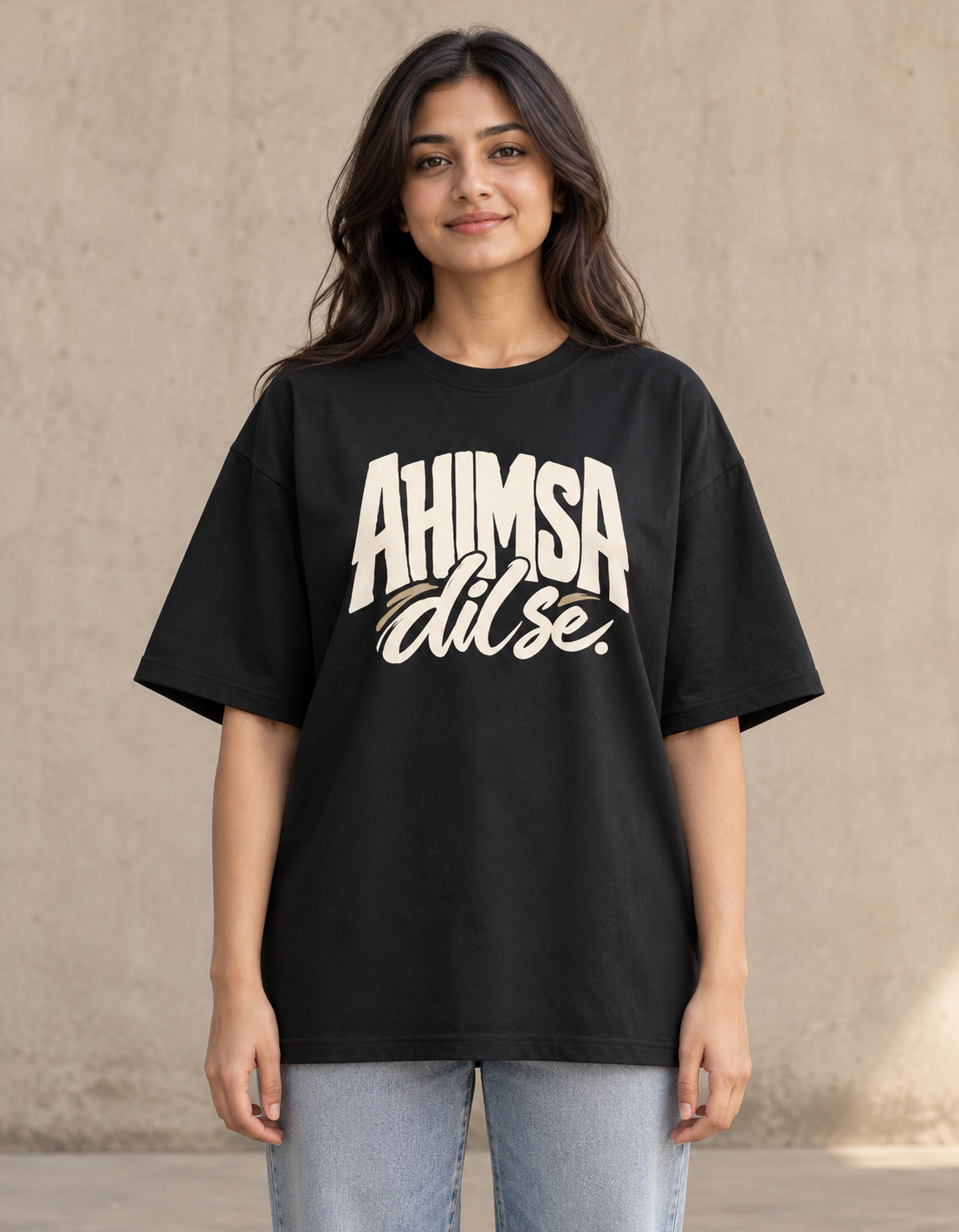 Styling illustration · printed front view · IN-Q01 India Qikink UC22 oversized T-shirt on an Indian adult model; not a produced-sample photograph.