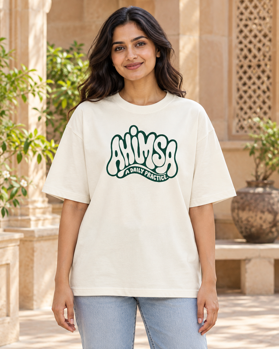 Ahimsa, a daily practice — front view · Off White oversized T-shirt · Styling illustration.