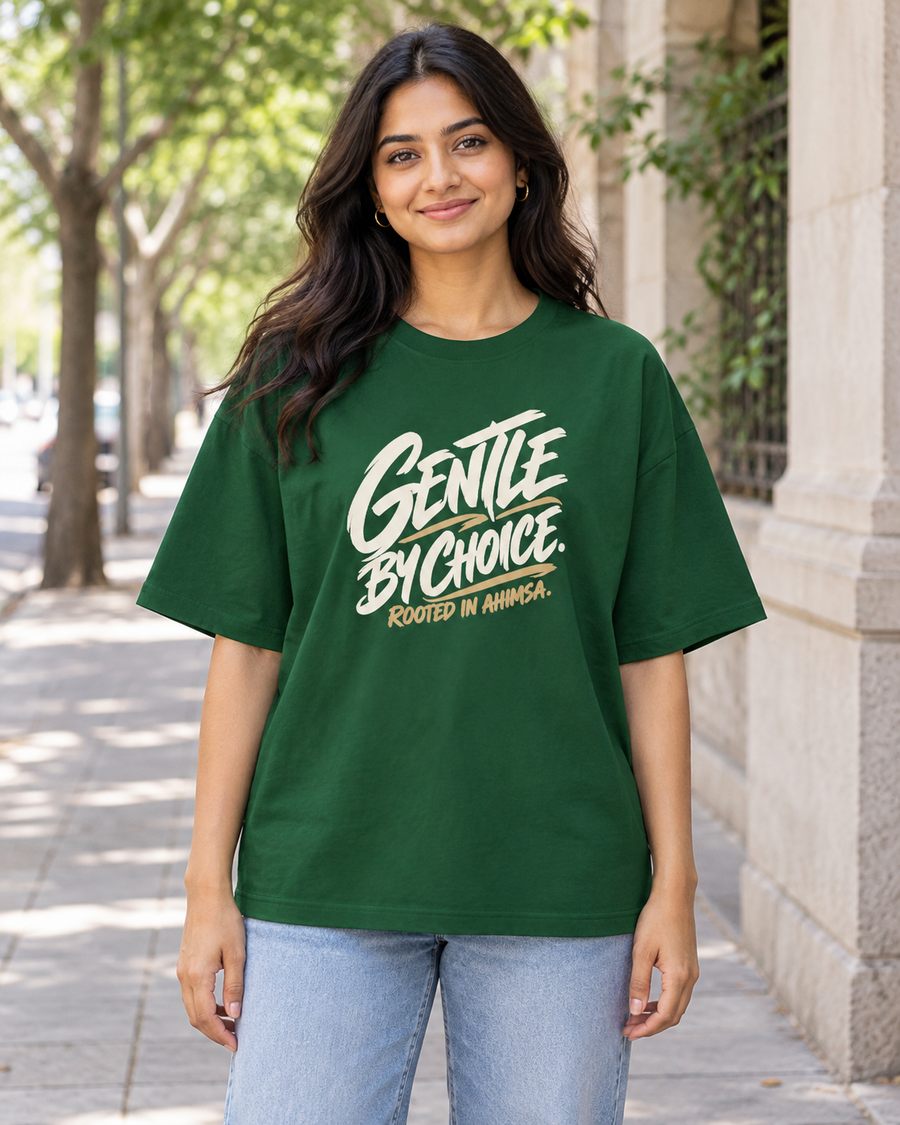 Gentle by choice — front view · Bottle Green oversized T-shirt · Styling illustration.
