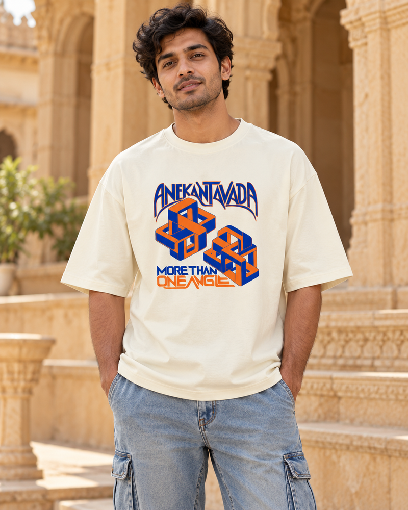 J01 India design on an Indian adult model — styling illustration based on the oversized garment render; not a photograph of a produced sample.