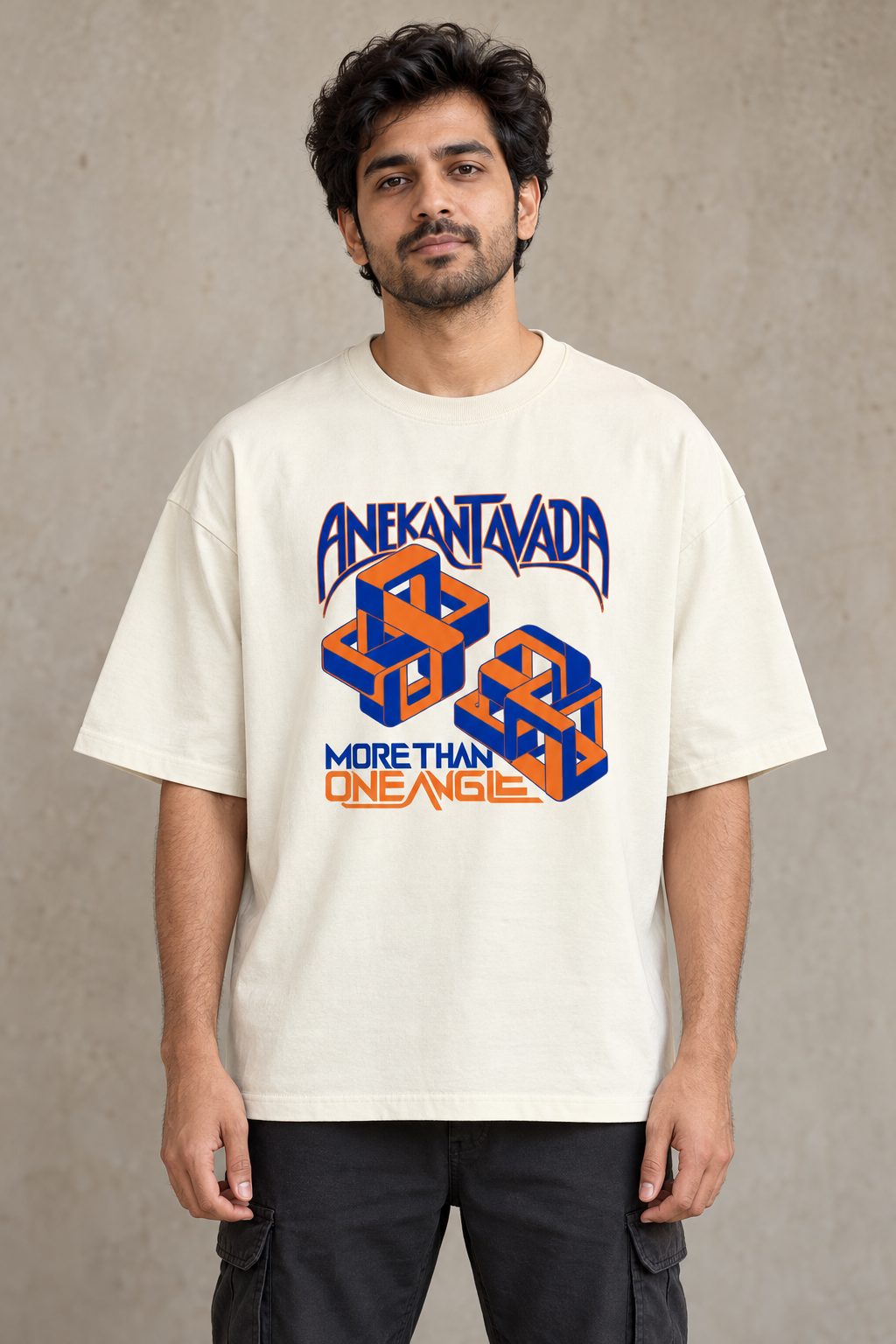 Styling illustration · printed front view · J01-V2 India Qikink UC22 oversized T-shirt on an Indian adult model; not a produced-sample photograph.