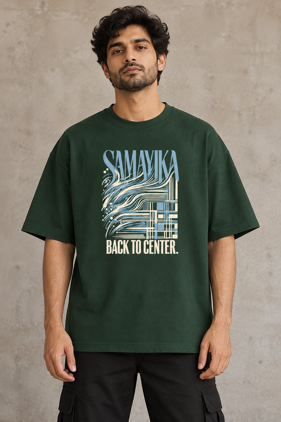 Styling illustration · printed front view · J04 India oversized oversized T-shirt on an Indian adult model; not a produced-sample photograph.