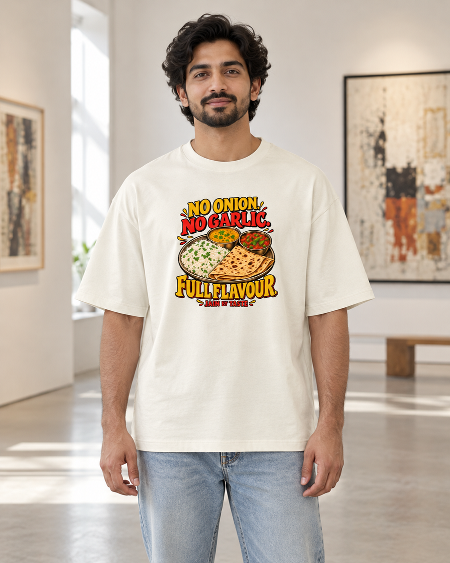 Full flavour — front view · Off White oversized T-shirt · Styling illustration.