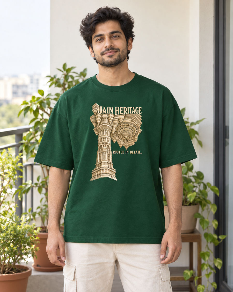 Rooted in detail — front view · Bottle Green oversized T-shirt · Styling illustration.