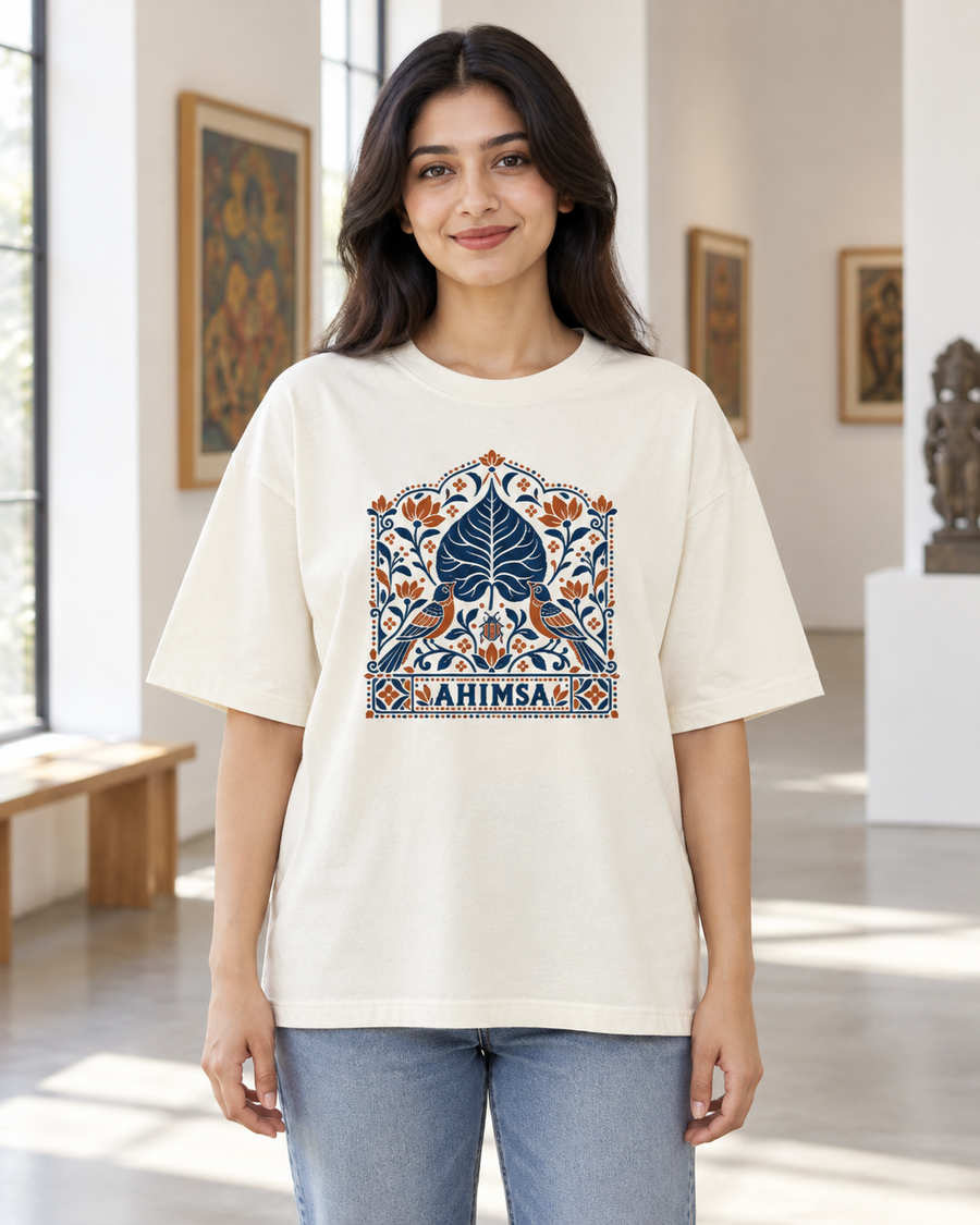 Ahimsa textile — front view · Off White oversized T-shirt · Styling illustration.
