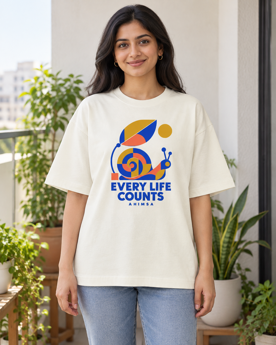 Every life counts — front view · Off White oversized T-shirt · Styling illustration.