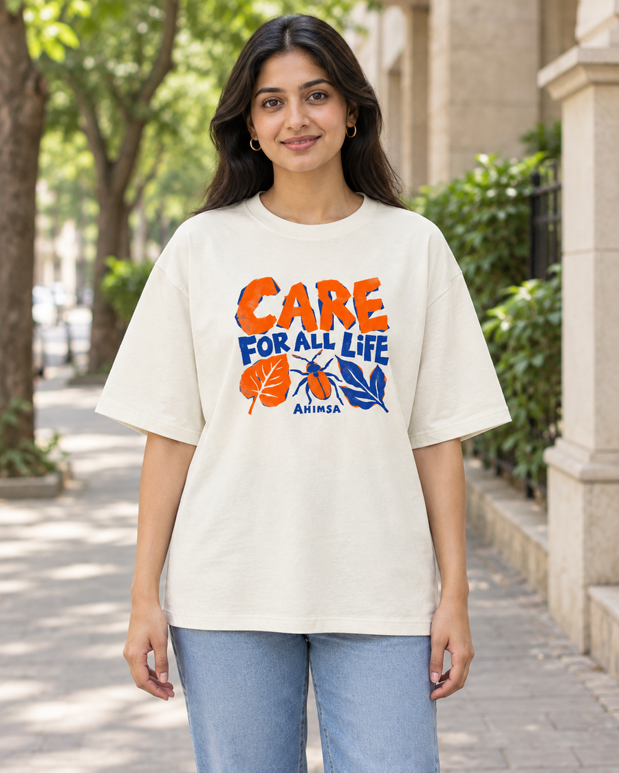 Care for all life — front view · Off White oversized T-shirt · Styling illustration.