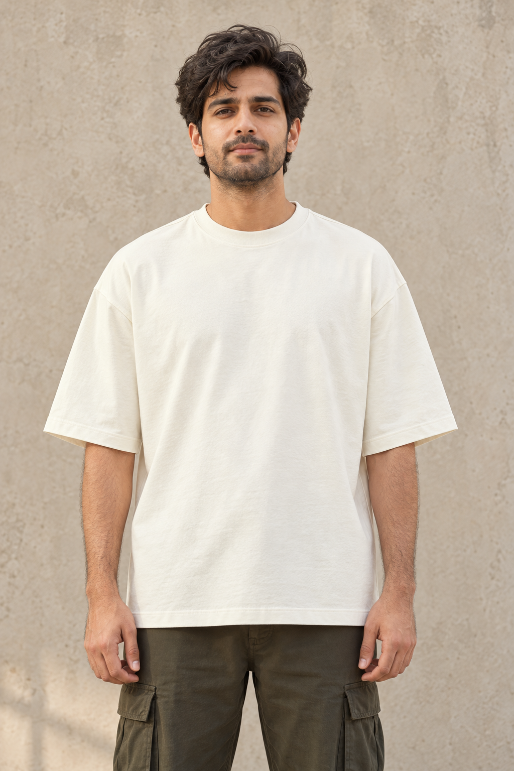 Styling illustration · plain front view · Off White Qikink UC22 oversized T-shirt on an Indian adult model. Shared view of the same unprinted garment surface; not a produced-sample photograph.