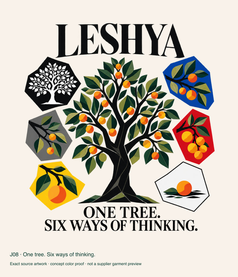One tree. Six ways of thinking. — artwork color proof.