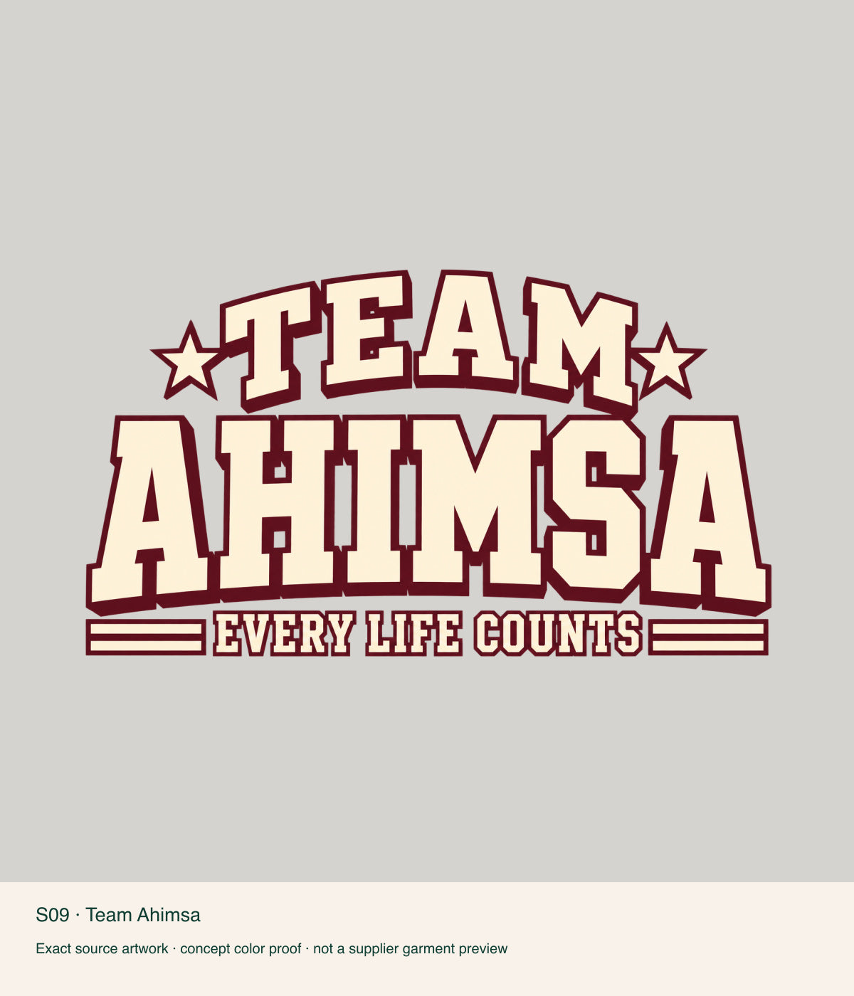 Team Ahimsa — exact source artwork color proof; not a supplier garment photograph.